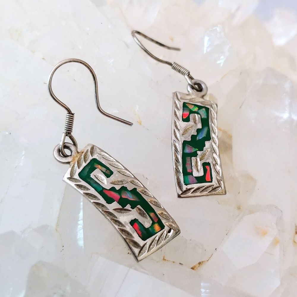 Vintage Mexico Sterling Silver Abalone Hook Earrings